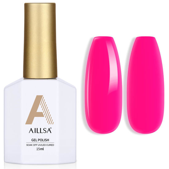 Picture of AILLSA Hot Pink Gel Nail Polish Summer Bright Pink Color Gel Polish Tropical French Nail Art Soak Off U V Gel Nails for Home Salon Holiday Gift for Women 0.51 Fl Oz /GB107