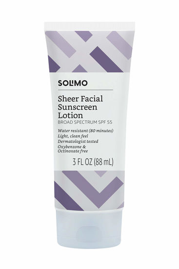 Picture of Amazon Brand - Solimo Sheer Face Sunscreen SPF 55, Reef Friendly (Octinoxate & Oxybenzone Free), 3.0 Fluid Ounce