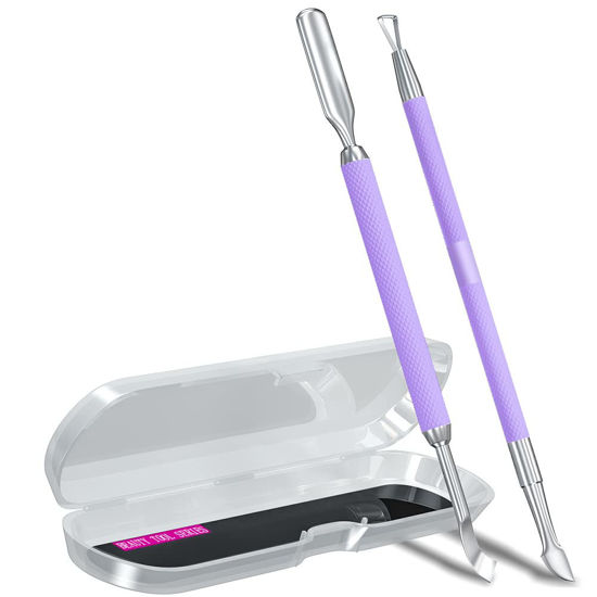 Picture of 2PCS Metal Lavender/Taro Purple Cuticle Pusher and Cutter Remover Salon Quality Stainless Steel Gel Nail Polish Peeler Scraper Durable Manicure and Pedicure Cleaner Tool For Fingernail and Toenail