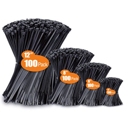 Picture of Zip Ties Assorted Sizes(4”+6”+8”+12”), 400 Pack, Black Cable Ties, UV Resistant Wire Ties by ANOSON