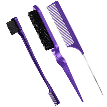 Picture of 3 Pcs Slick Back Hair Brush Set Bristle Hair Brush Edge Control Brush Teasing Comb for Women Baby Kids' Black Hair (Purple)