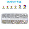 Picture of Nail Art Rhinestones Kit HUETFAT 2400pcs Nail Gems Ab Flatback Rhinestones Gems Stones, with Storage Organizer Box/Wax Pencil/Tweezers 6 Sizes (1.5-4.5 mm) for Nail Art Craft (2400pcs)