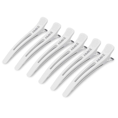 Picture of AIMIKE 6pcs Professional Hair Clips for Styling Sectioning, Non Slip No-Trace Duck Billed Hair Clips with Silicone Band, Salon and Home Hair Cutting Clips for Hairdresser, Women, Men - White 4.3” Long