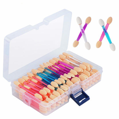 Picture of Cuttte 120PCS Disposable Dual Sides Eye Shadow Sponge Applicators with Container, 4 Colors Eyeshadow Brushes Makeup Applicator