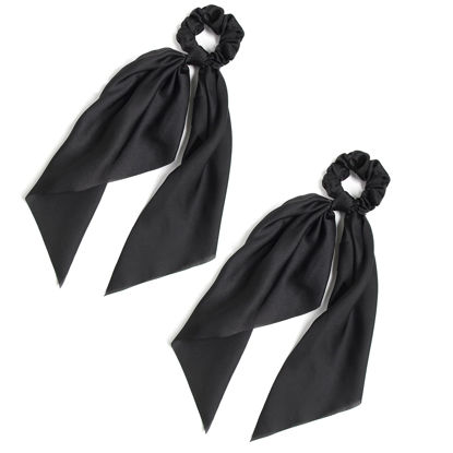 Picture of Pack of 2 Knotted Bow Hair Scrunchies Elastic Hair Scarf Black Hair Ties Bands Satin Hair Ribbon Scrunchy Red Ponytail Holder for Women and Girls (Black)