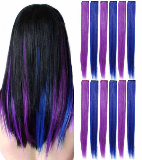 Picture of YaFex 12 Pcs Clip in Hair Extensions, 22 Inch Colored Hair Extensions Party Highlights Long Straight Synthetic Hairpieces for Women Kids Girls (Purple + Sapphire Blue)