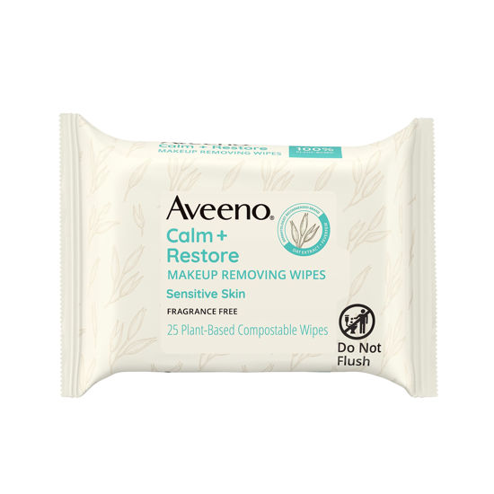 Picture of Aveeno Calm + Restore Nourishing Makeup Remover Face Wipes, Fragrance Free Facial Cleansing Towelettes with Oat Extract & Calming Feverfew, Alcohol Free, 100% Plant-Based Cloth, 25 ct