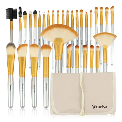 Picture of Champagne Makeup Brushes Set, Valentines Day Gifts for Kids,Yuwaku Silver Foundation Powder Blush Eyeshadow Brushes Blending 32 Piece NO Shed Cruelty-Free Synthetic Fiber Bristles Cosmetic Brushes with Travel Case