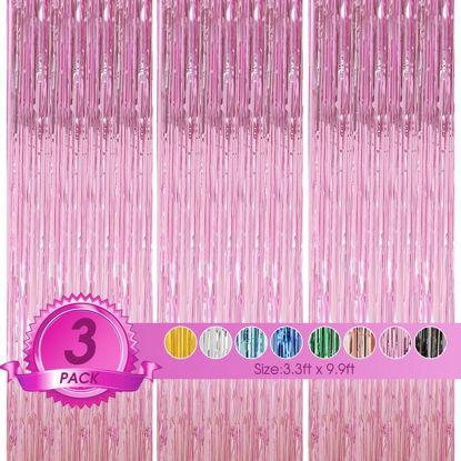 Picture of TenLaitech 3 Pack 3.3 x 9.9 ft Pink Foil Fringe Backdrop Curtain, Streamer Backdrop Curtains, Streamers Birthday Party Decorations, Tinsel Curtain for Parties, Galentines Decor, Preppy, Photo Booth