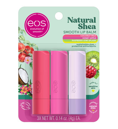 Picture of eos Natural Shea Lip Balm, Honey Apple, Coconut Milk & Raspberry Kiwi Splash, All-Day Moisture, Lip Care Products, 0.14 oz, 3-Pack