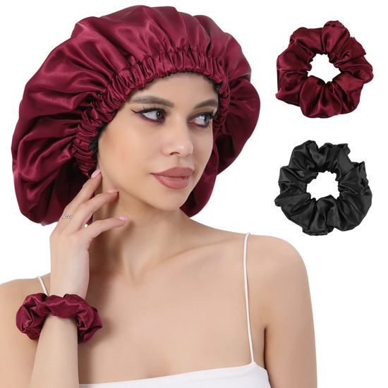 Picture of Reversible Silk Satin Bonnet for Sleeping, Large Adjustable Silk Satin Hair wrap Hair Cap for Women Curly Hair (Red)