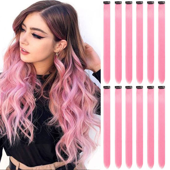 Picture of 12 PCS Pink Hair Extensions Clip in, Colored Party Highlights Extension for Kids Girls Synthetic Hairpiece Straight 22 inch