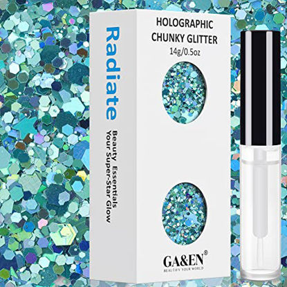 Picture of Turquoise Holographic Chunky Glitter Cosmetic Body Hair Face Eye Nail for Festival Carnival Party Beauty Rave Accessories Different Sizes&Shapes 2 Pots （14g/0.5oz）+ Quick Dry Primer Glue Gel(5ml)