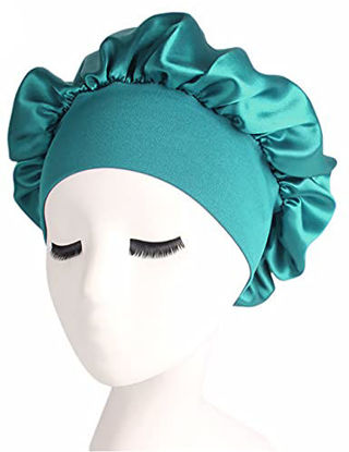 Picture of Harewom Satin Cap for Sleeping to Protect Hair Bonet Solid Color Jumbo Shower Bonnet for Natural Hair Green