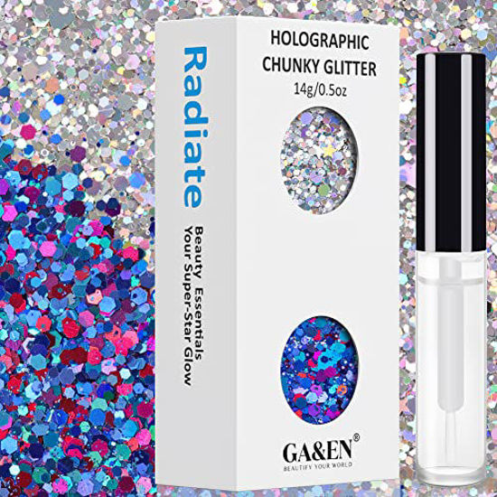 Picture of 7g Silver+7g Purplish Blue Holographic Chunky Cosmetic Glitter Body Hair Face Eye Nail for Festival Carnival Party Beauty Rave Accessories Different Sizes&Shapes ✮14g + Quick Dry Primer Glue Gel(5ml)