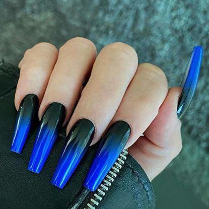 Picture of Vaveah 24 Pcs Press on Nails Coffin for Women, Extra Long Fake Nails Glue on Nails, False Nails with Glue (Blue Mixed Black)