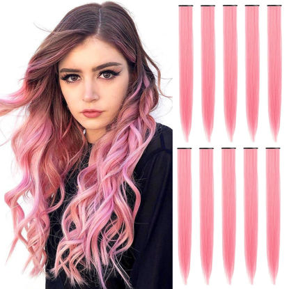 Picture of TOFAFA 22 inch Colored Hair Extensions Straight Hairpiece, Multi Party Highlights Clip in Synthetic Hair Extensions for Kids Women (10 PCS Pink)