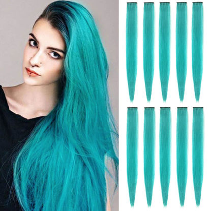 Picture of TOFAFA 22 inch Colored Hair Extensions Straight Hairpiece, Multi-colors Party Highlights Clip in Synthetic Hair Extensions for Kids Girls (10 PCS Teal Blue)