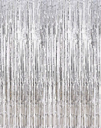 Picture of 2 Pcs 3.2ft x 8.2ft Shiny Silver Metallic Tinsel Foil Fringe Curtains Photo Booth Backdrop for Birthday Wedding Bridal Shower Holiday Celebration Bachelorette Party Decorations