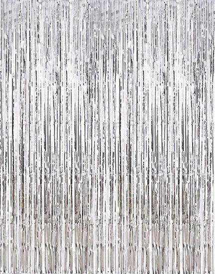 Picture of 2 Pcs 3.2ft x 8.2ft Shiny Silver Metallic Tinsel Foil Fringe Curtains Photo Booth Backdrop for Birthday Wedding Bridal Shower Holiday Celebration Bachelorette Party Decorations