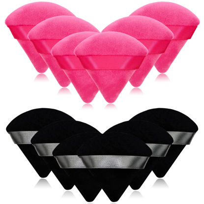 Picture of 12 Pieces Cosmetic Powder Puff,2.76 inch Portable Soft Sponge Setting Face Puffs,Triangle Velvet Powder Puff with Ribbon Band Handle for Loose Powder Body Powder Makeup Tool(Black,Rose Red)