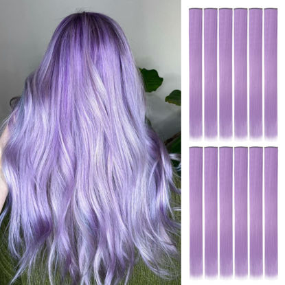 Picture of 12 Pcs Colored Party Highlights Colorful Clip in Hair Extensions 22 inch Straight Synthetic Hairpieces for Women Kids Girls (G Light Purple 12Pcs)