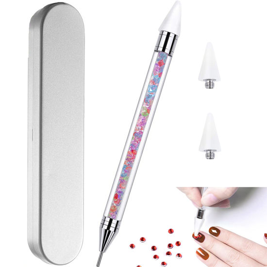 Picture of Nail Rhinestone Picker Dotting Tool with Extra 2 Wax Head, Dual-ended DIY Nail Art Tool With Pink Acrylic Handle,Colorful