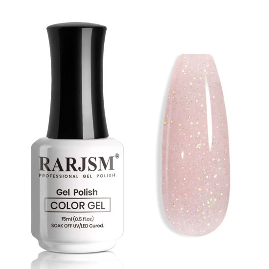 Picture of RARJSM Nude Pink Gel Polish Rainbow Glitter Iridescent Shimmer Pigment Jelly Gel Nail Polish Neutral Color Skin Tone 15ml Sparkle Pink Natural Soak off UV LED Cured for Home Salon DIY Nail Art