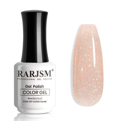 Picture of RARJSM Nude Gel Polish Peach Pink Rainbow Glitter Neutral Jelly Color Iridescent Shimmery Gel Nail Polish Sparkle Pink Natural Soak off UV LED Cured for Home Salon DIY Nail Art 15ml Single Bottle