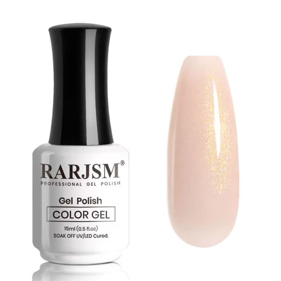 Picture of RARJSM Nude Gel Polish Peach Pink Gold Glitter Shimmery Neutral Jelly Color Skin Tone Gel Nail Polish 15ml Single Bottle Sparkle Pink Beige Natural Soak off UV LED Cured for Home Salon DIY Nail Art