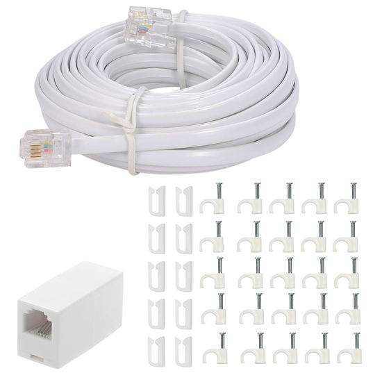 Picture of Vthahaby 20 Feet Long Telephone Extension Cord Phone Cable Line Wire, with Standard RJ11 Plug and 1 in-Line Couplers and 25 Cable Clip Holders-White