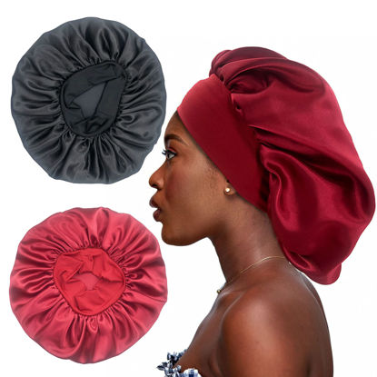 Picture of 2PCS Large Satin Bonnet,Silk Bonnet Hair Wrap for Sleeping, Sleep Cap with Elastic Soft Band, Big Bonnets for Black Women Hair Care (Black, Wine Red)