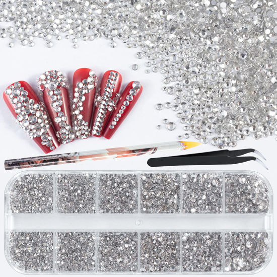 Picture of 3600pcs Round Glass Transparent White Rhinestones 6 Sizes Flatback Crystal Gem Jewel Decoration for Nail Art, Tweezer and Pickup Pen Included