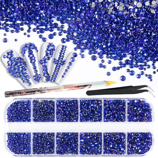 Picture of 3600pcs Round Glass Royal Blue Rhinestones 6 Sizes Flatback Crystal Gem Jewel Decoration for Nail Art, Tweezer and Pickup Pen included