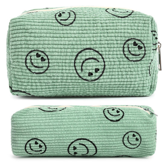 Picture of SOIDRAM 2 Pieces Makeup Bag Cosmetic Bag for Women Corduroy Green Makeup Pouch Travel Toiletry Bag Organizer Cute Makeup Brushes Storage Bag