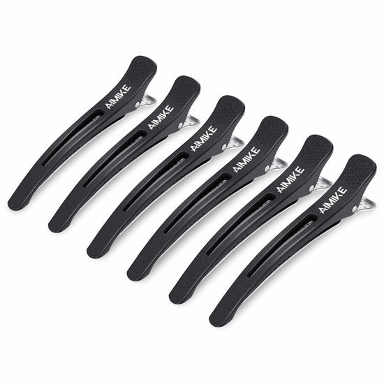 Picture of AIMIKE Professional Hair Cutting Clips for Hairdresser, Styling Sectioning, Non Slip, No-Trace Duck Billed with Silicone Band, Salon and Home, Women, Men - Black 4.3” Long, 6pcs