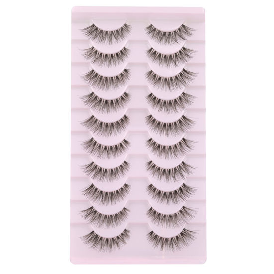 Picture of wiwoseo False Eyelashes Russian Strip Lashes Clear Band Natural 3D Effect Wispy Fluffy 13MM Lashes 10 Pairs Pack