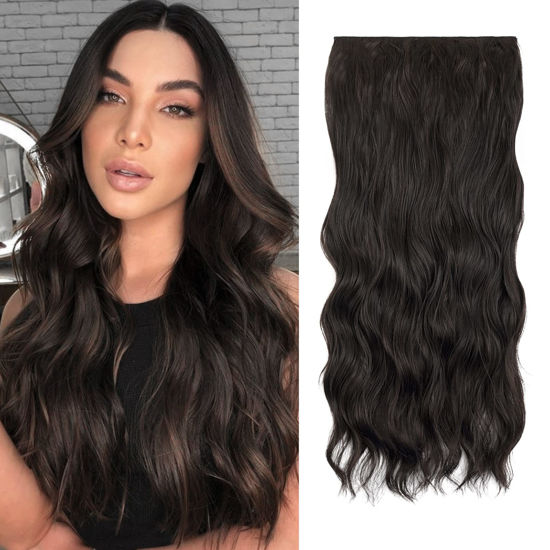 Picture of REECHO 22" 1-Pack 3/4 Full Head Curly Wave Clips in on Synthetic Hair Extensions Hairpieces for Women 5 Clips per Piece-Dark Brown