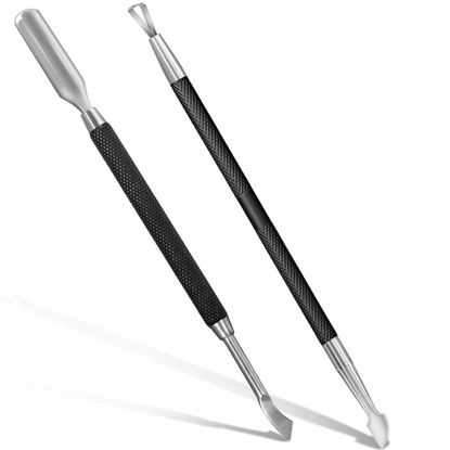 Picture of 2PCS Metal Black Cuticle Pusher and Cutter Remover Salon Quality Stainless Steel Acetone Gel Nail Polish Peeler Scraper Durable Professional Manicure Pedicure Cleaner Tool For Fingernail and Toenail