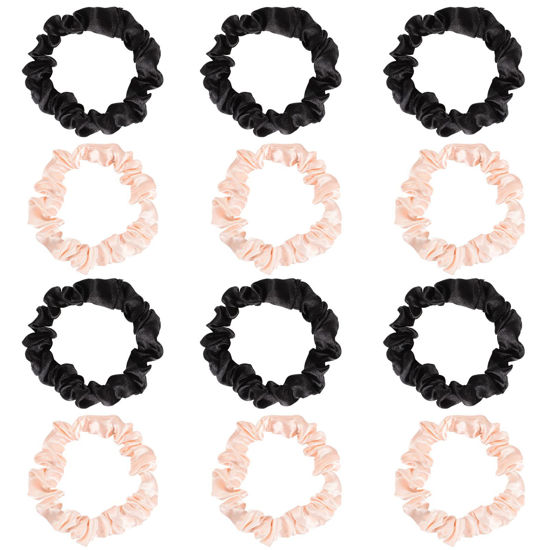 Picture of 12Pcs Satin Elastic Hair Scrunchies, Silk Satin Hair Ties Elastics Ponytail Holders for Women Girls Christmas Gift (Blush,Black)