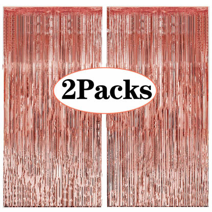 Picture of 2PCS Rose Gold Foil Fringe Curtains Photo Backdrop,3ft x 8.3ft Metallic Tinsel Curtains for Birthday Wedding Engagement Bachelorette Party Bridal Shower Baby Shower Decorations Favors Supplies