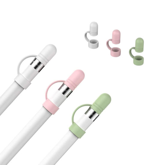 Picture of SIWWBW 3 Pack Cap Replacement Holder with Anti-Lost Strap Silicone Protective Cap Cover for Apple Pencil 1st Generation(White, Pink, Green)