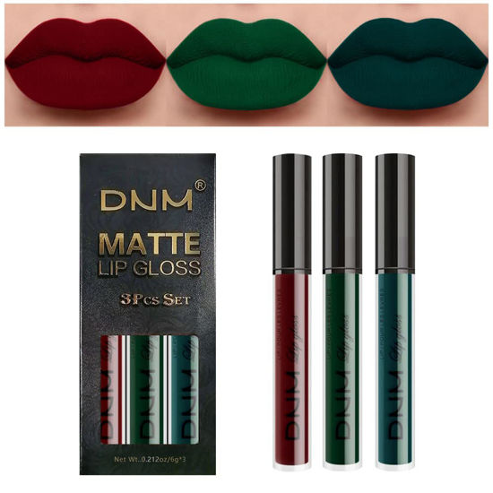 Picture of evpct 3Pcs Dark Color Colored Red Army Green Matte Liquid Lipstick Makeup Set 24 Hour Long Lasting Waterproof Smudge Proof Deep red Green Liquid Lipstick Matte Lip Stain Gloss Liner Green Makeup Kit 8