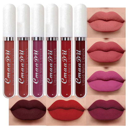 Picture of evpct CmaaDu 6Pcs Matte Liquid Lipstick Lipgloss Lip Gloss Stain Makeup Set for Women, Deep Dark Red Original 24 Hour Lipstick Long Lasting labiales matte mate larga duracion 24 horas originales A-03