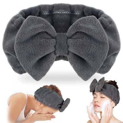 Picture of Shintop Makeup Headband Soft Carol Fleece Spa Headband with Cute Bow Elastic Headband for Washing Face Skincare Facial Mask Showers（Grey）