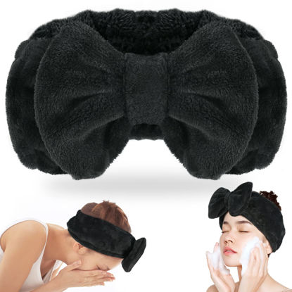 Picture of Shintop Spa Headband Soft Carol Fleece Makeup Headband with Cute Bow Elastic Headband for Washing Face Skincare Facial Mask Showers（Black）