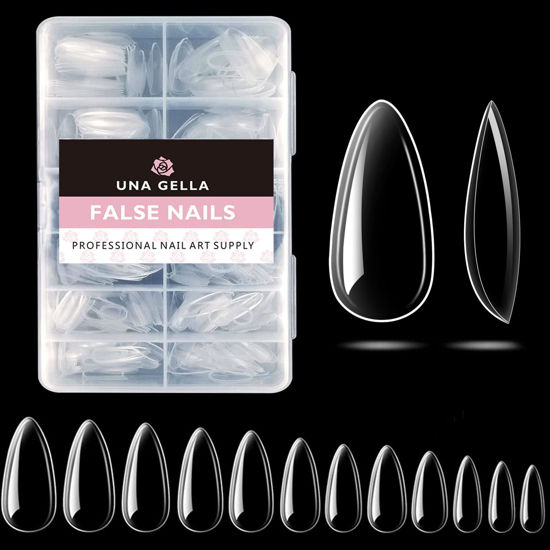 Picture of UNA GELLA Gel X Almond Fake Nail Tips - 216pcs Medium Pre-Shaped for Long-Lasting Acrylic Nails, Perfect for DIY at Home Nail Salon - 12 Sizes