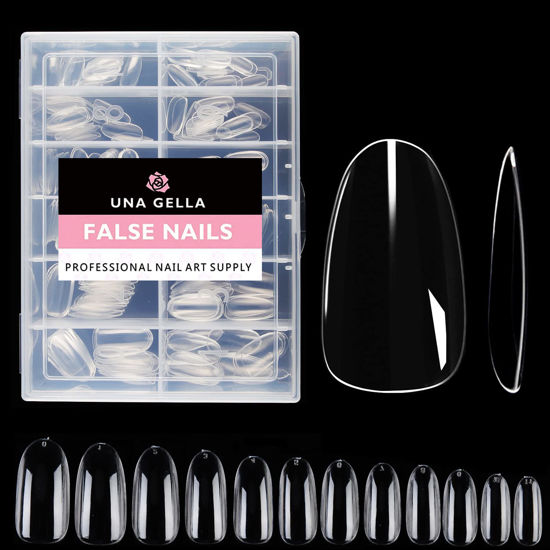 Picture of UNA GELLA Round Almond Fake Nails Clear Medium 216 pcs Oval Nail Tips Almond Oval Press on Nails for Full Cover Acrylic Almond Oval Nails French False Nails 12 Sizes False Soft Gel Tips