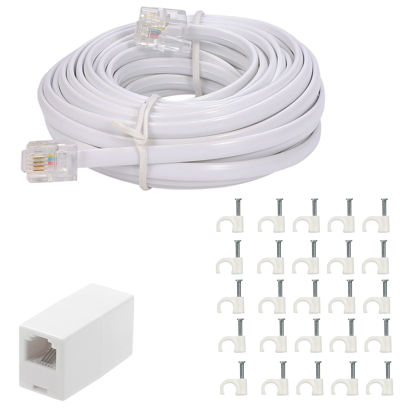 Picture of 20 Feet Long Telephone Extension Cord Phone Cable Line Wire, with Standard RJ11 Plug and 1 in-Line Couplers and 25 Cable Clip Holders-White (20 Feet)