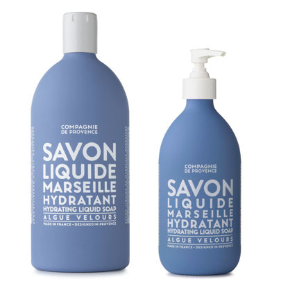 Picture of Compagnie de Provence Savon de Marseille Extra Pure Liquid Soap - Velvet Seaweed - 16.9 Fl Oz Glass Pump Bottle and 33.8 fl oz Plastic Bottle Refill